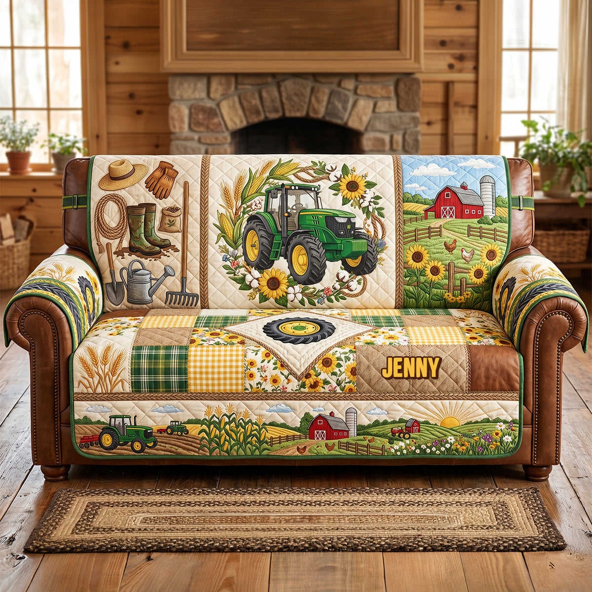 Green Farm Tractor Quilted Sofa Cover - Personalized Gifts For Tractor Lovers 05pgtn260626