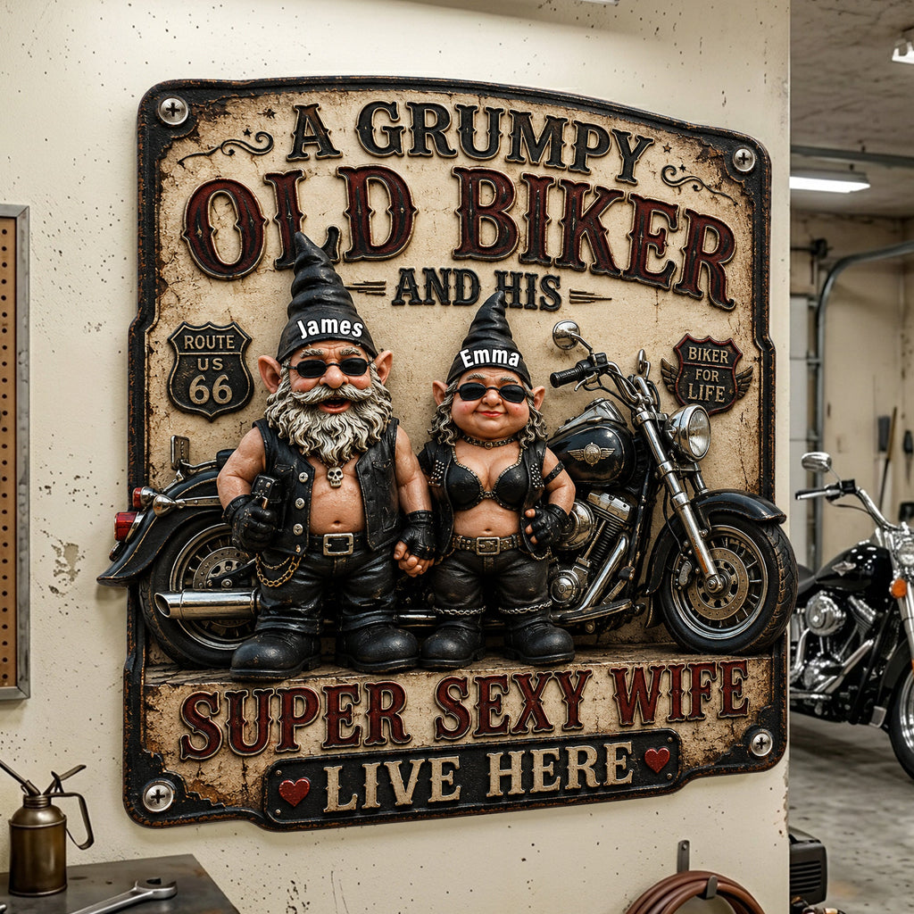 Biker Couple Gnomes Metal Sign - Personalized Gifts For Couples 06nalu190626