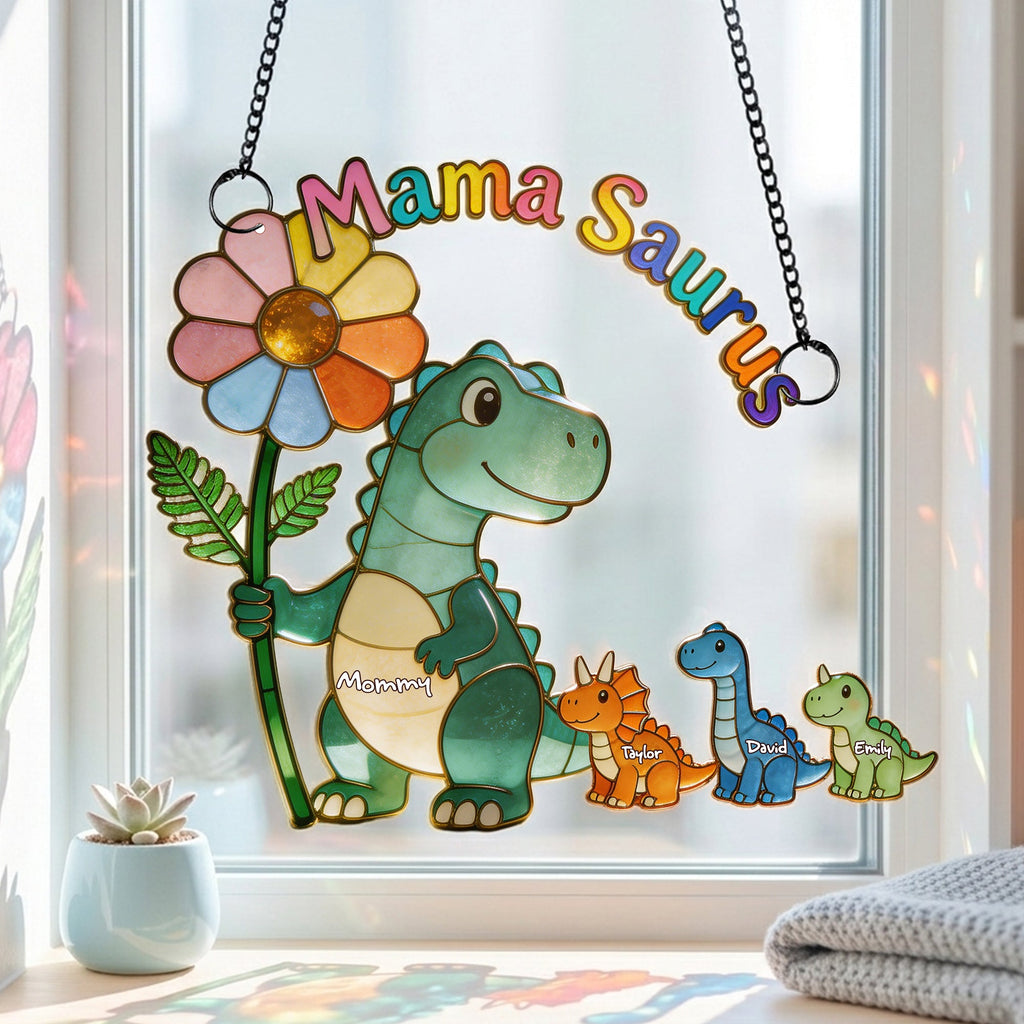 Mama-saurus & Her Tiny Roar Crew Suncatcher - Personalized Gifts For Moms 01NALU100426