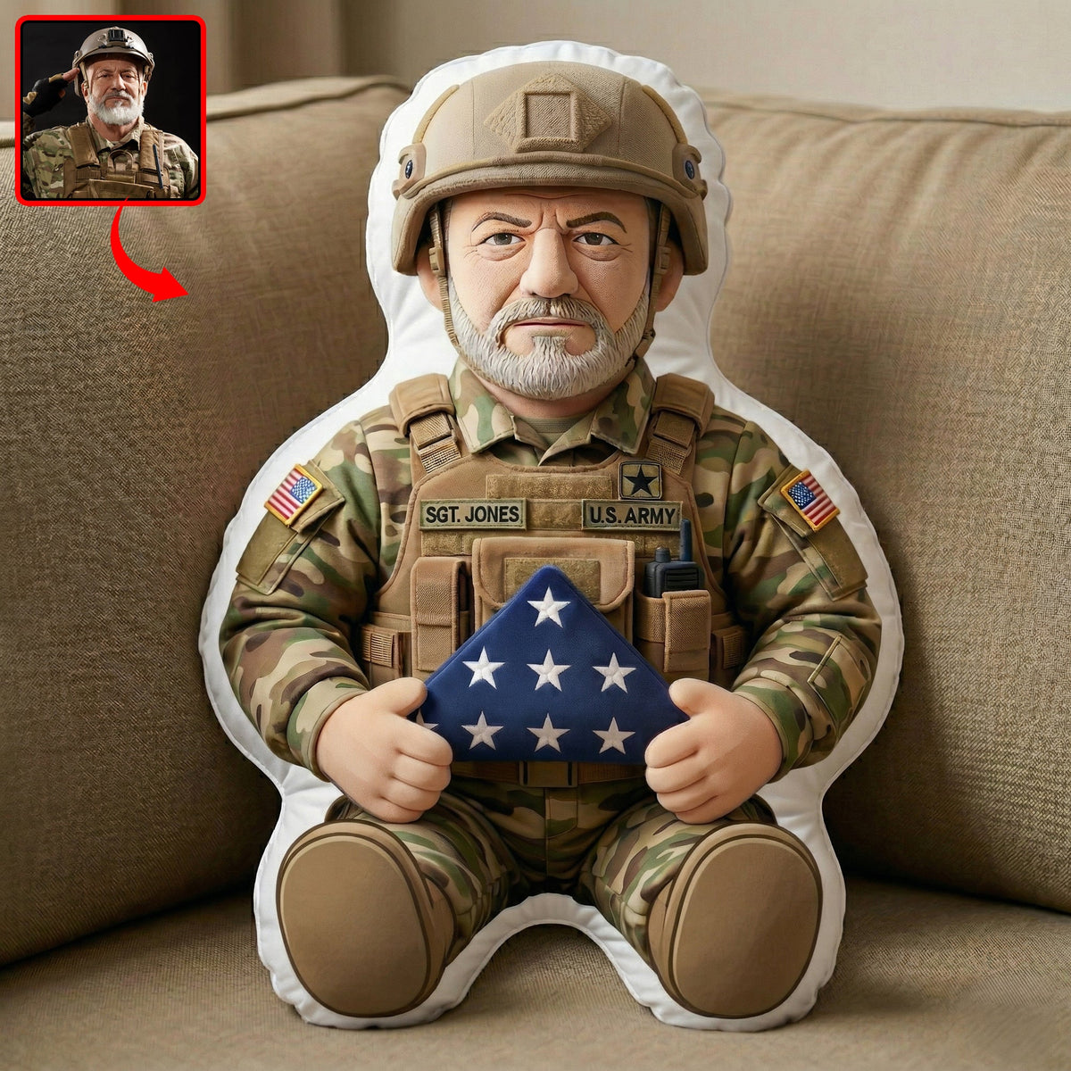 Custom Photo Military Memorial Folded Flag Pillow, Personalized Keepsake To Remember A Veteran 02qhqn250326