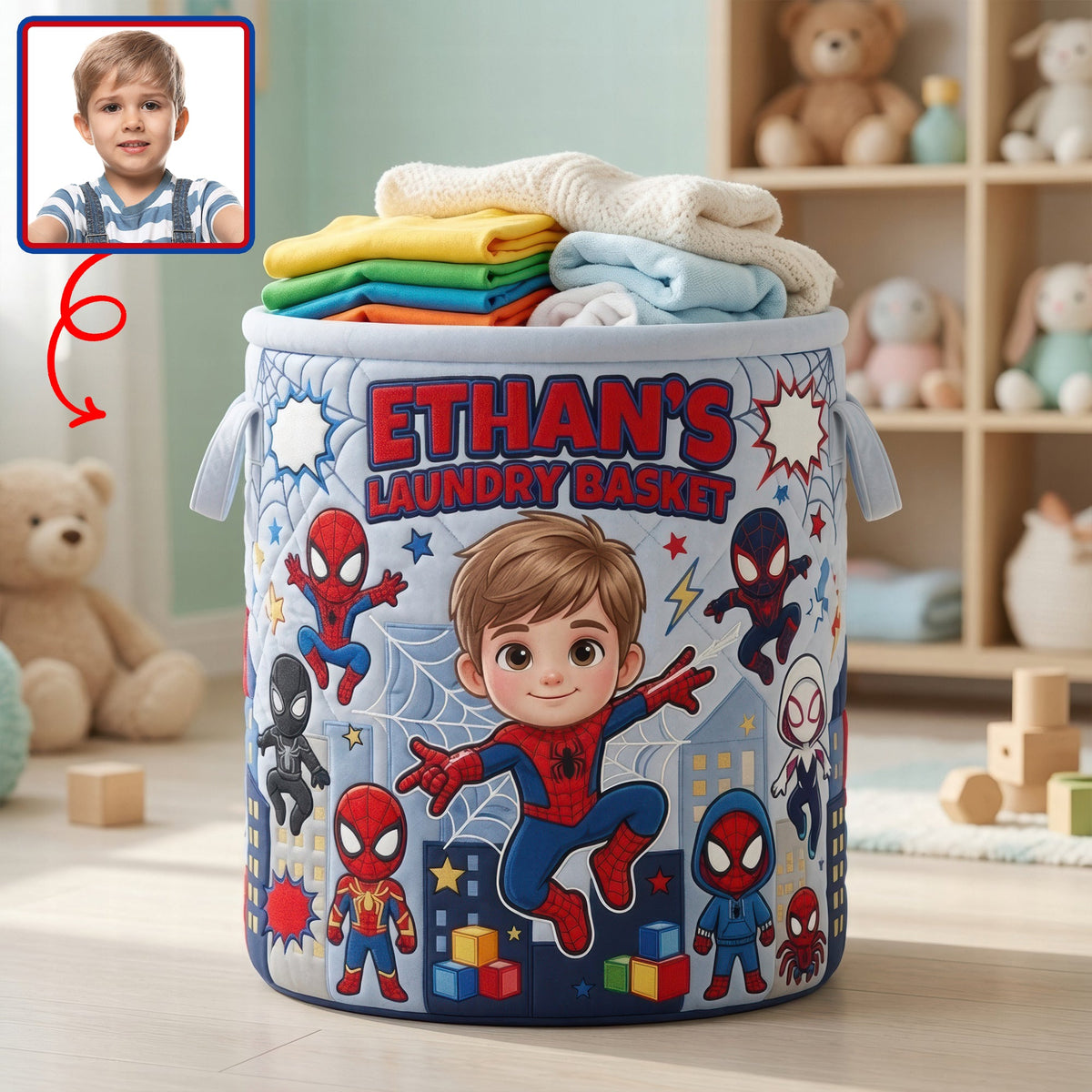 Little Hero Quilted Laundry Basket - Personalized Custom Photo Gift For Kids 07NAQN090726