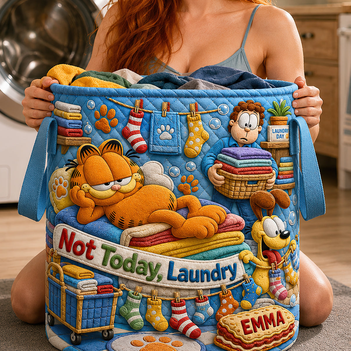 Lazy Cat Quilted Laundry Basket - Personalized Gifts 03HADT180726