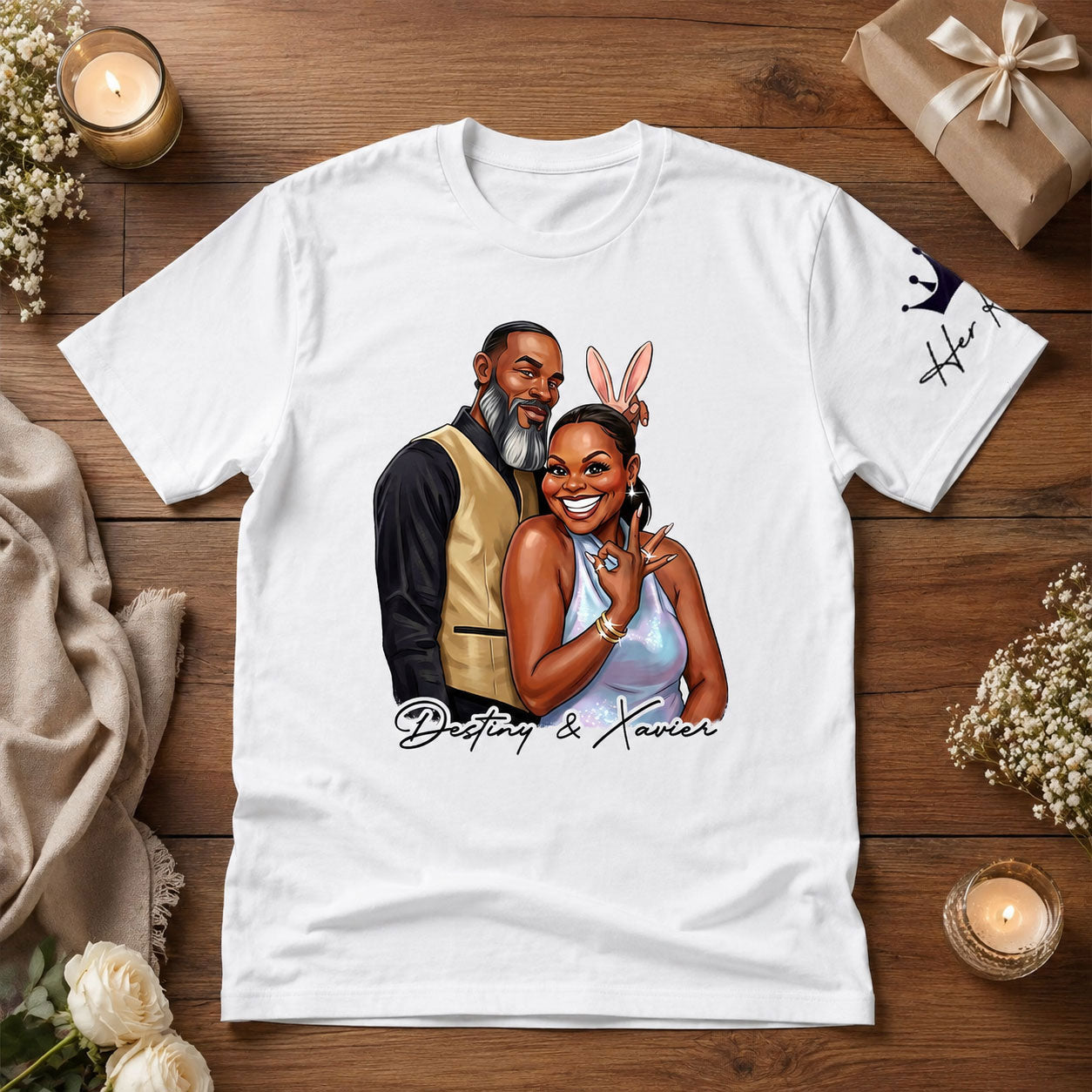 Custom Photo His Queen Her King Anniversary Gift - Personalized T-shirt With Front And Sleeve Design