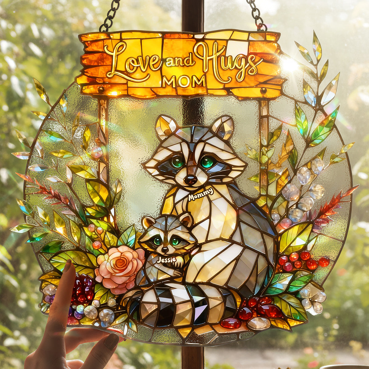 Raccoon Mom and Kids Suncatcher Ornament – Personalized Gifts For Mom 01tota030326
