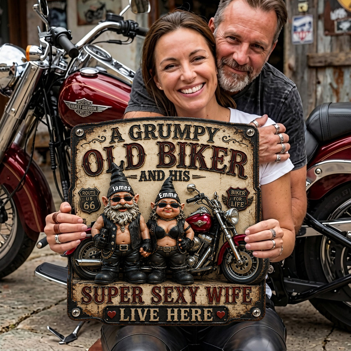 Biker Couple Gnomes Metal Sign - Personalized Gifts For Couples 06nalu190626