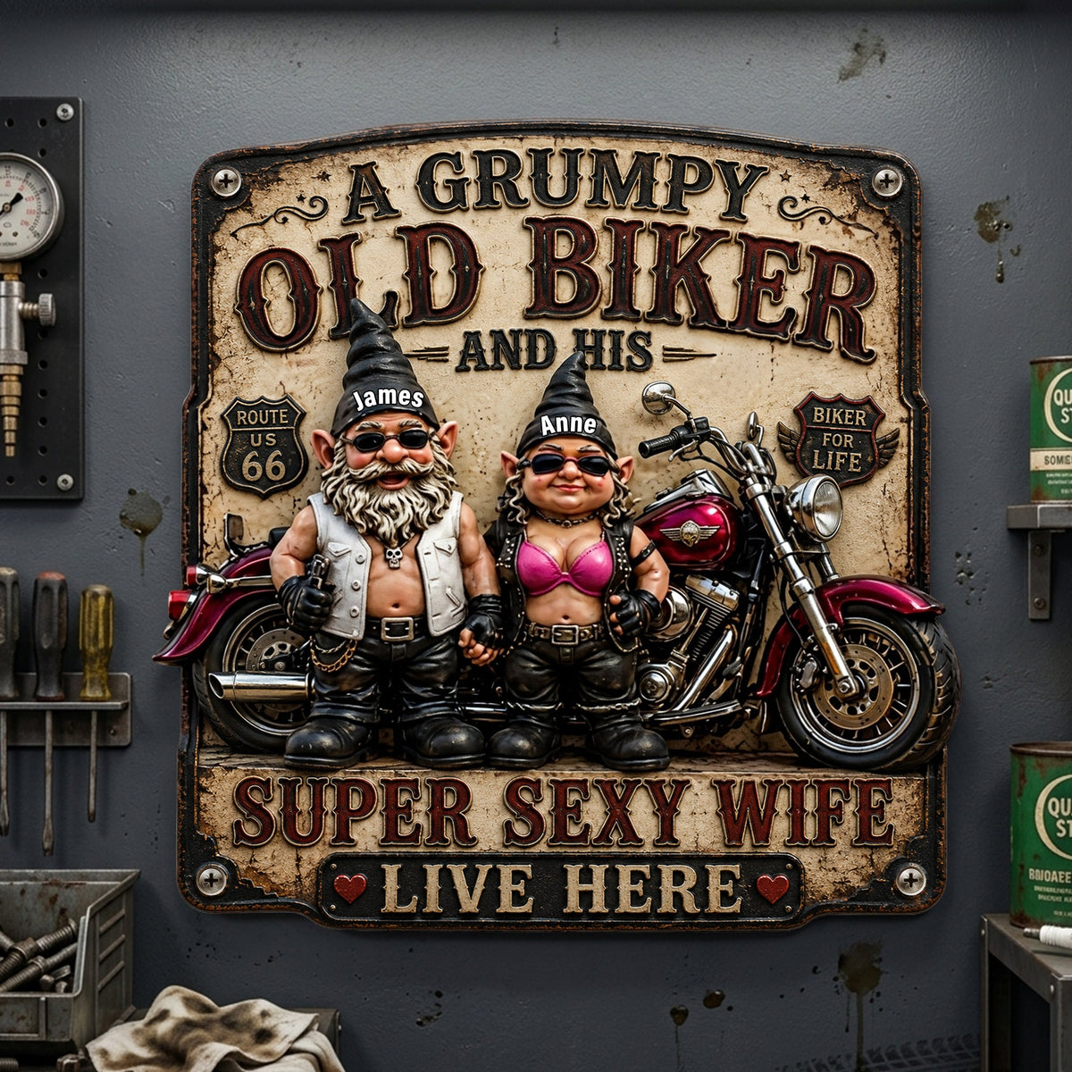 Biker Couple Gnomes Metal Sign - Personalized Gifts For Couples 06nalu190626