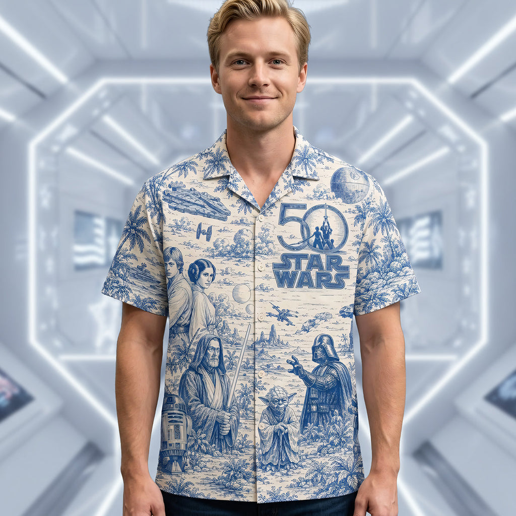 Warriors Celebrate 50th Anniversary Toile De Jouy Hawaiian Shirt - Personalized Gifts 02nata170626