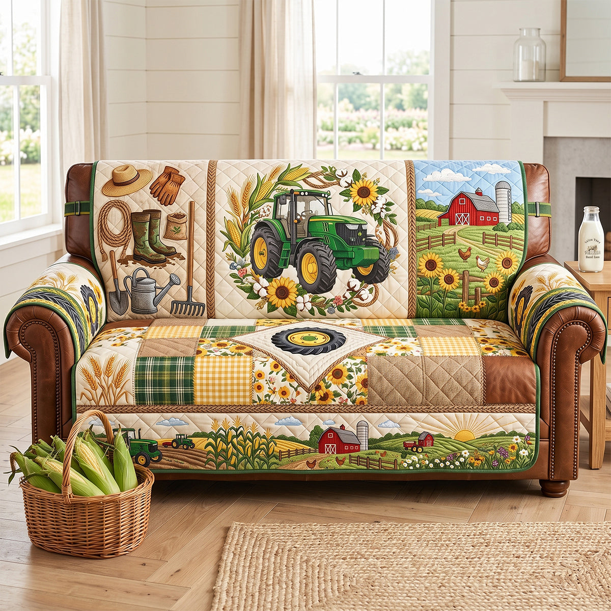 Green Farm Tractor Quilted Sofa Cover - Personalized Gifts For Tractor Lovers 05pgtn260626