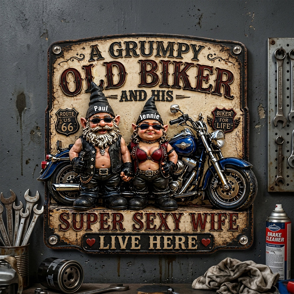 Biker Couple Gnomes Metal Sign - Personalized Gifts For Couples 06nalu190626