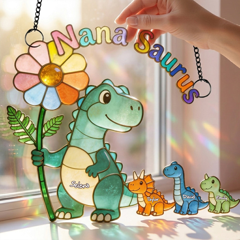 Mama-saurus & Her Tiny Roar Crew Suncatcher - Personalized Gifts For Moms 01NALU100426