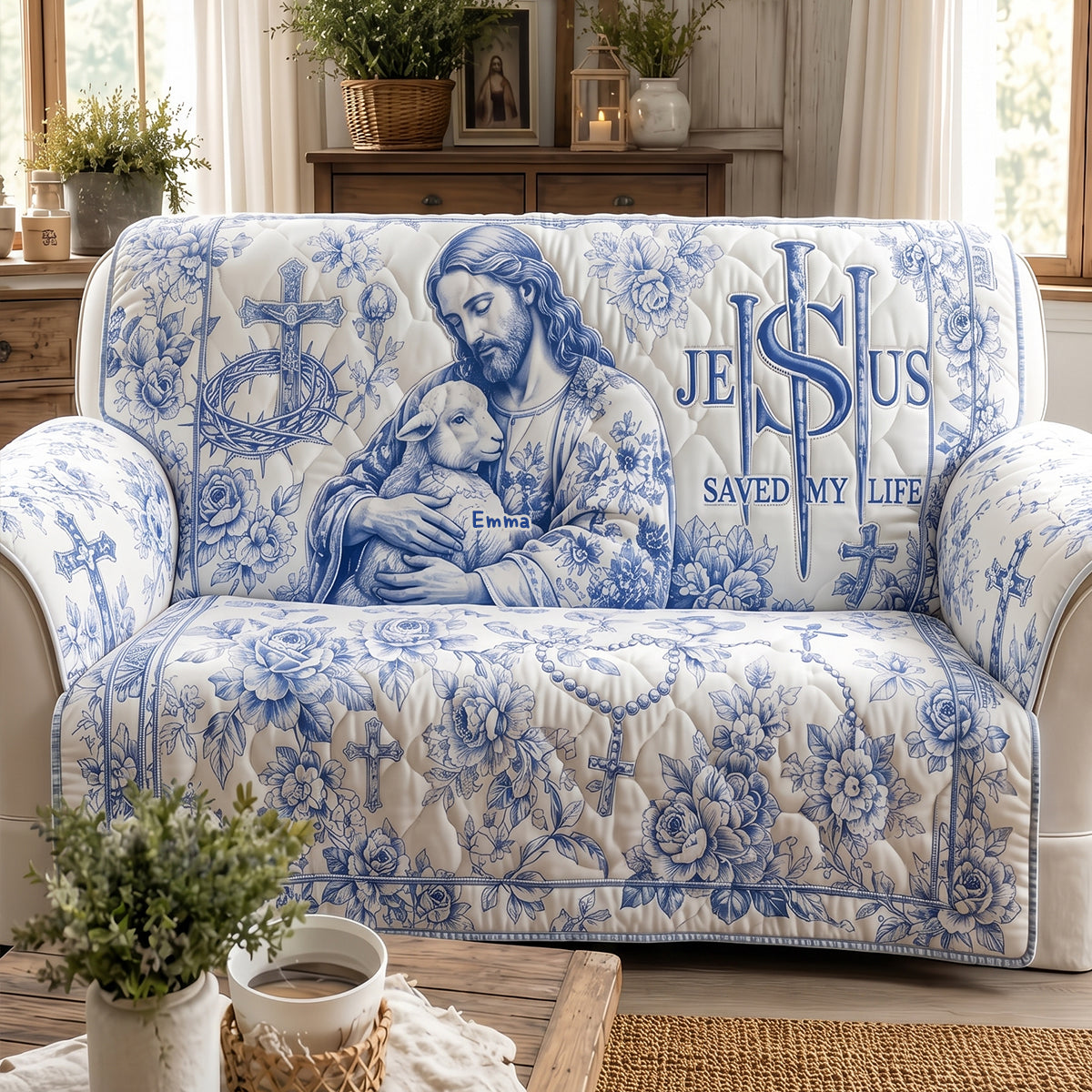 Jesus Christ Savior Toile De Jouy Quited Sofa Cover, Personalized Gifts For Christians 01qhdt290626