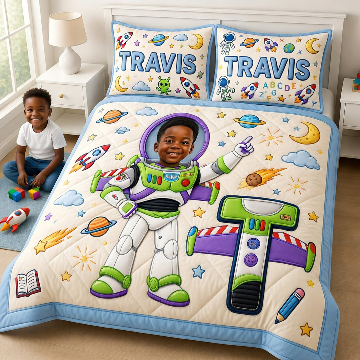 Custom Photo Rocket Space Quilt Bed Set - Personalized Gifts For Kids 01naqn040726