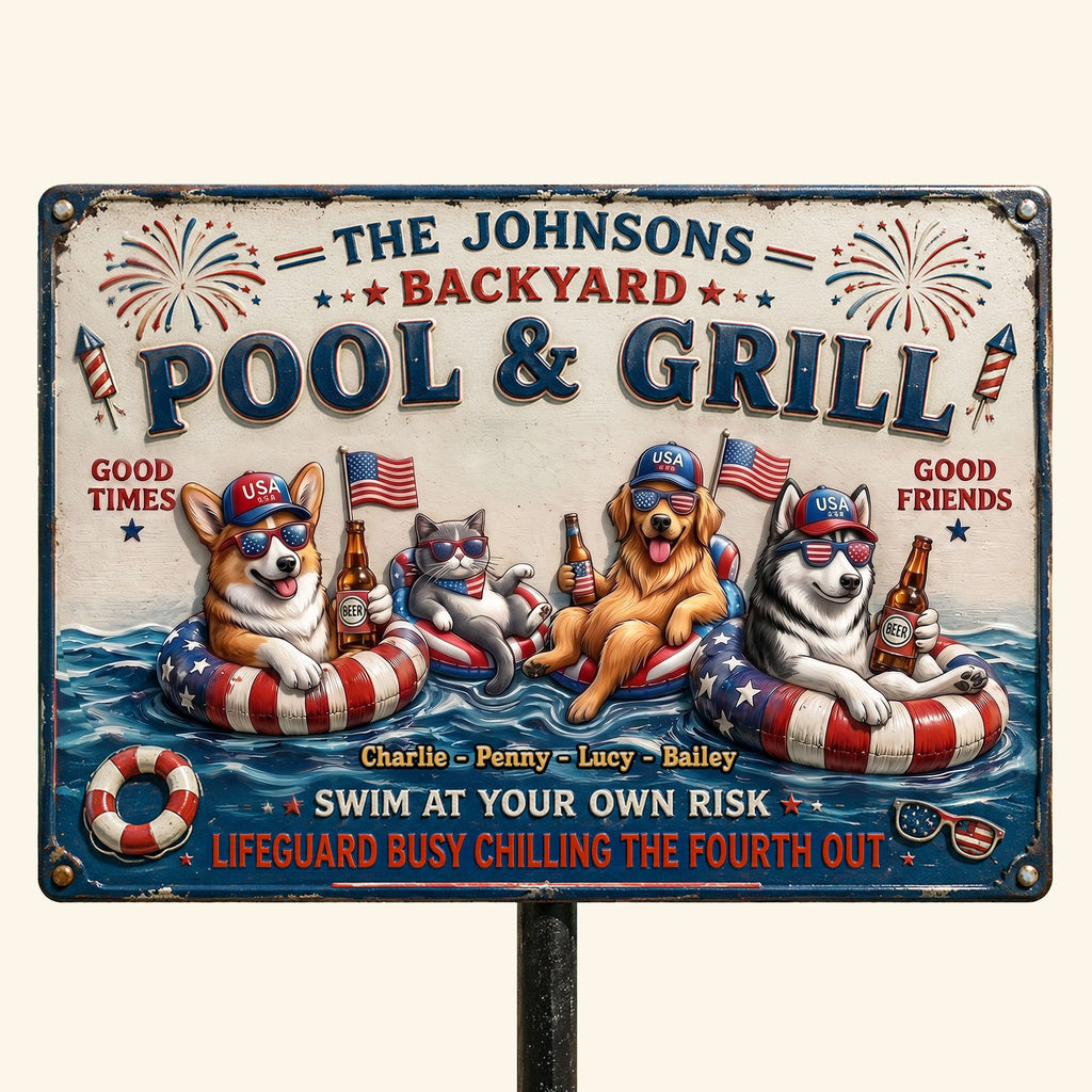 Fun Chilling Pet On Patriotic Pool Metal Sign, Custom Photo Gifts For Dog & Cat Owners 03qhti050626