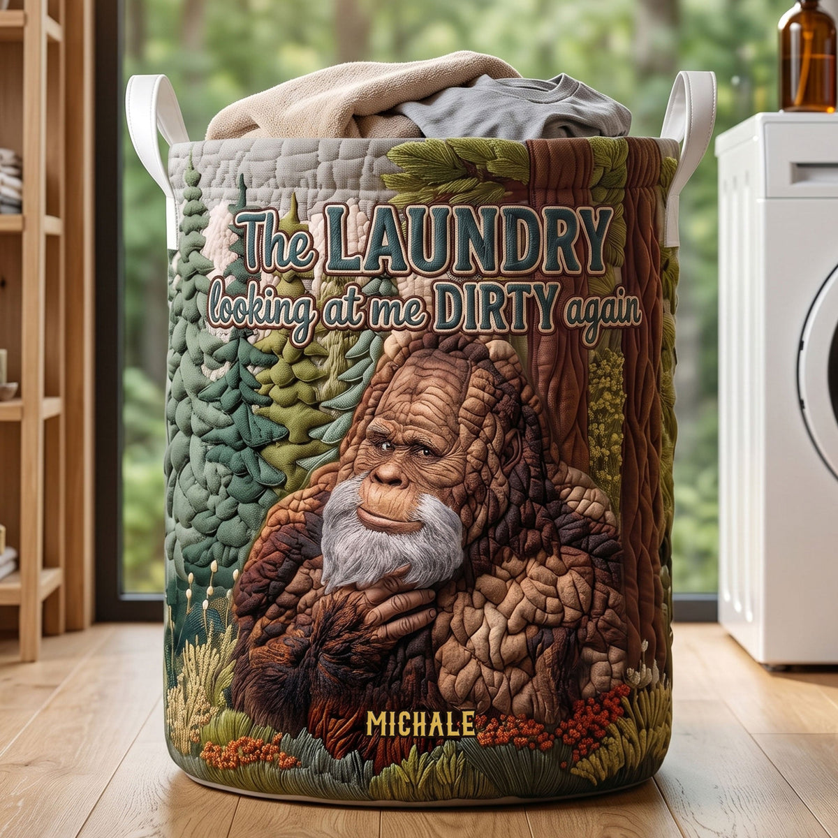 Fun Sasquatch Glance Quilted Laundry Basket, Personalized Gifts For Bigfoot Lovers 01qhti110726