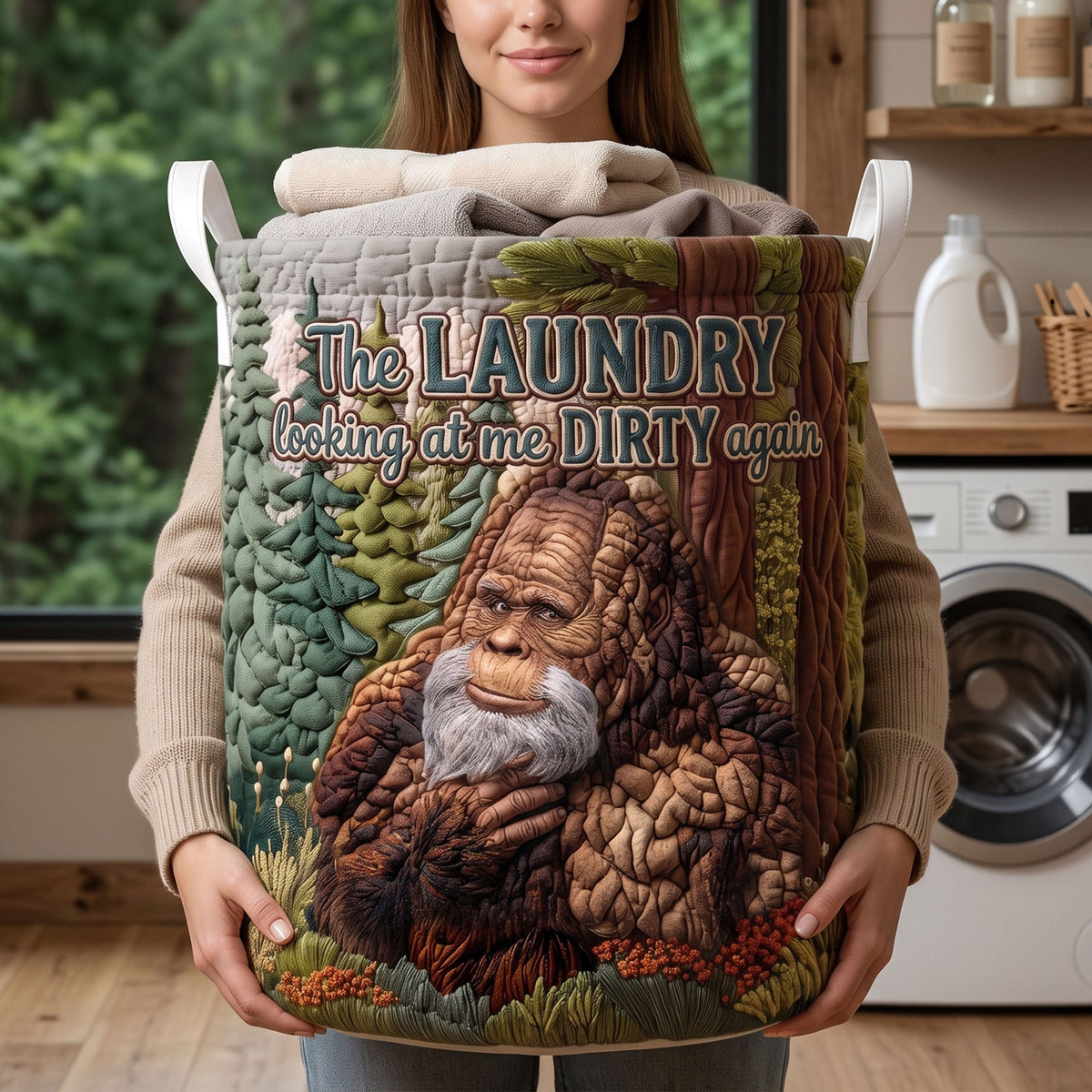 Fun Sasquatch Glance Quilted Laundry Basket, Personalized Gifts For Bigfoot Lovers 01qhti110726