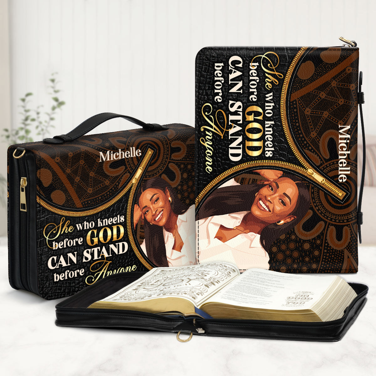 She Who Kneels Before God Can Stand Before Anyone - Personalized Bible Cover