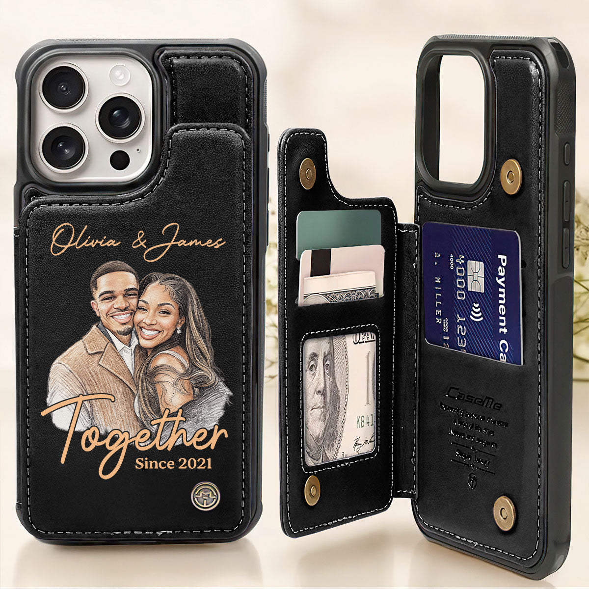 Custom Photo Colored Pencil Sketch Portrait Together Since Forever - Personalized Leather Flip Wallet Phone Case