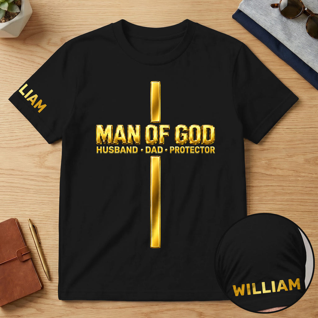 Godly Husband Dad Protector - Personalized T-shirt With Front And Sleeve Design