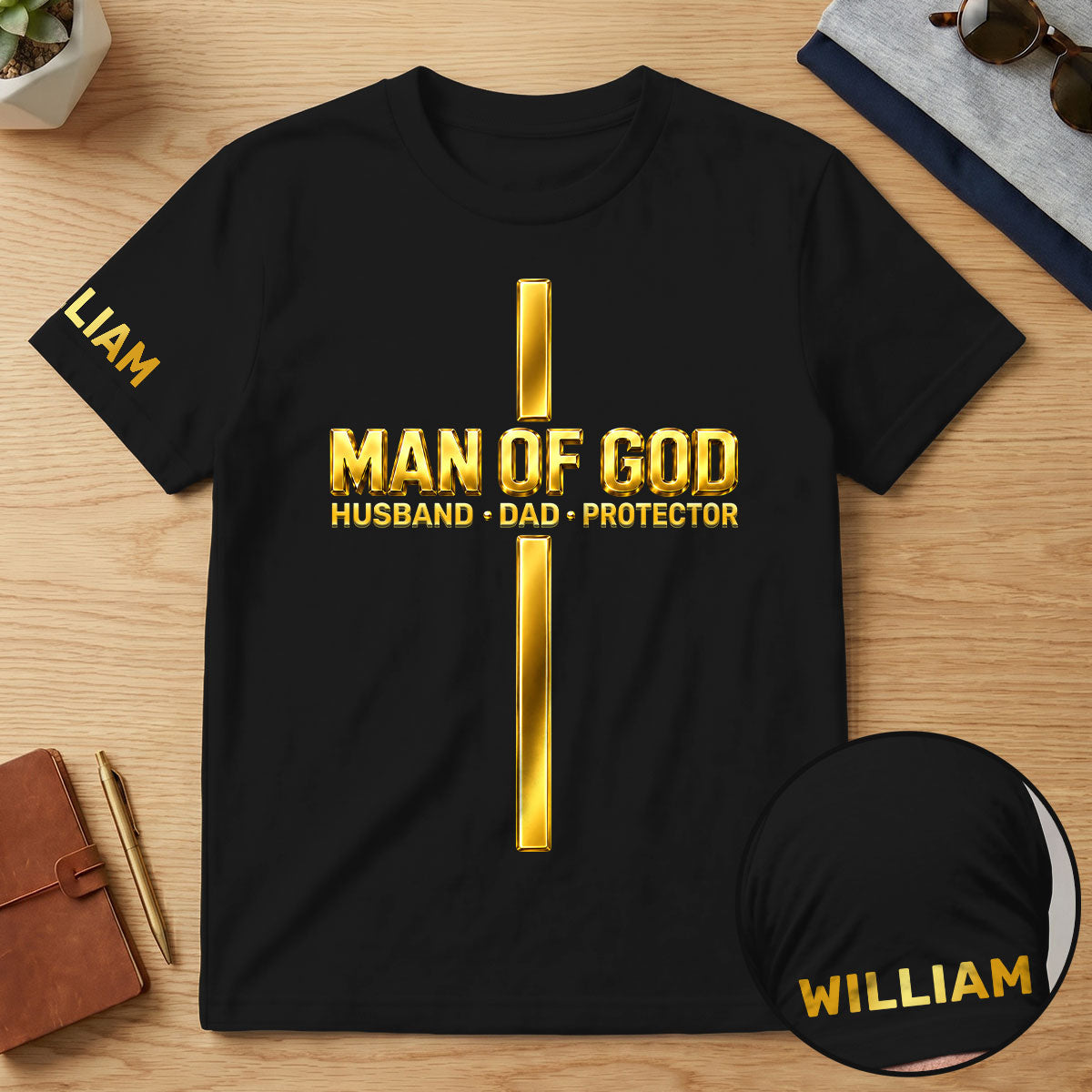 Godly Husband Dad Protector - Personalized T-shirt With Front And Sleeve Design