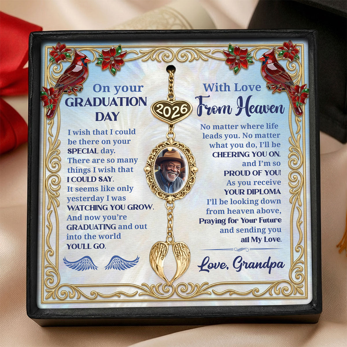 On Your Graduation Day With Love From Heaven - Personalized Graduation Tassel Photo Charm With Angel Wing