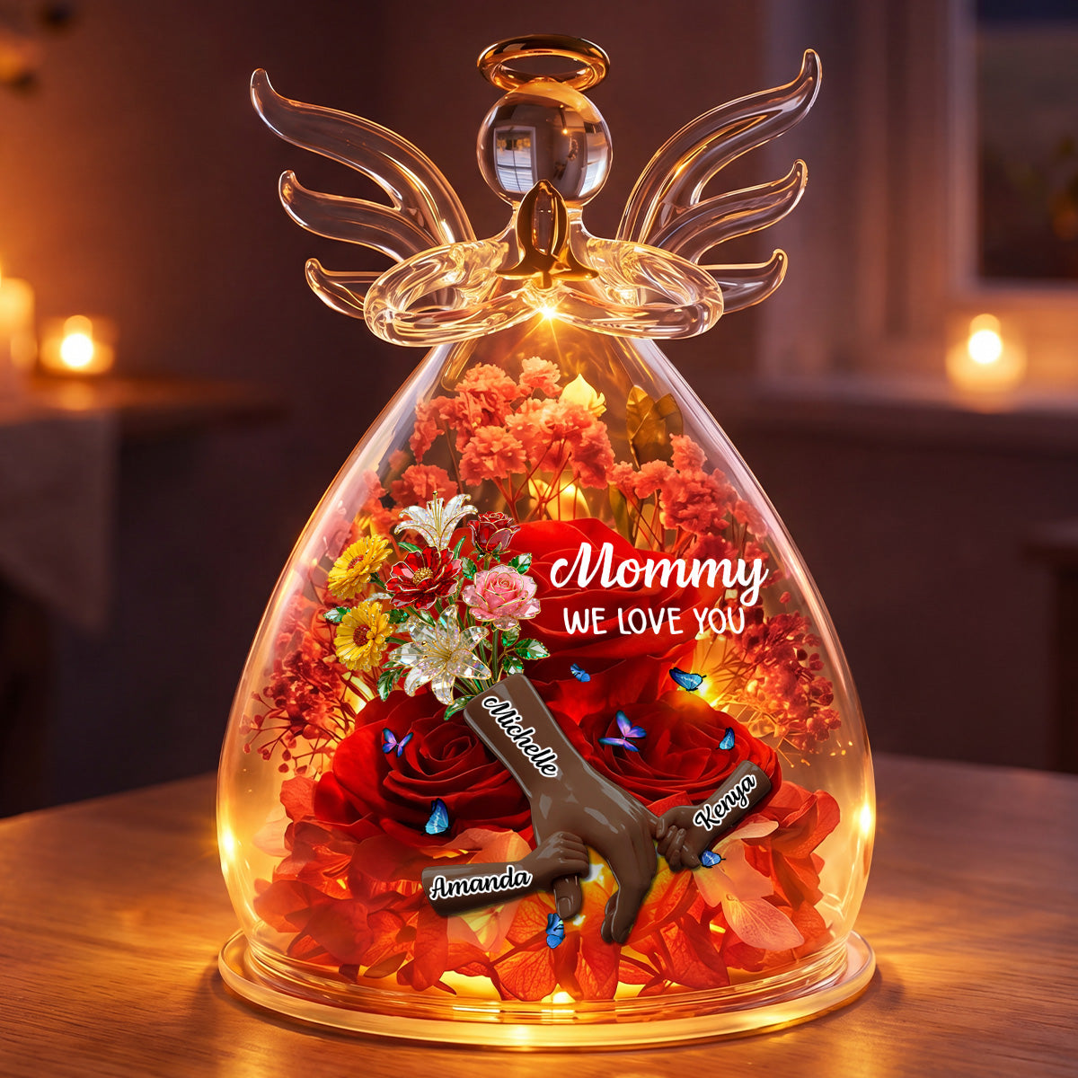 Mommy We Love You - Personalized Angel Dome With Preserved Flowers