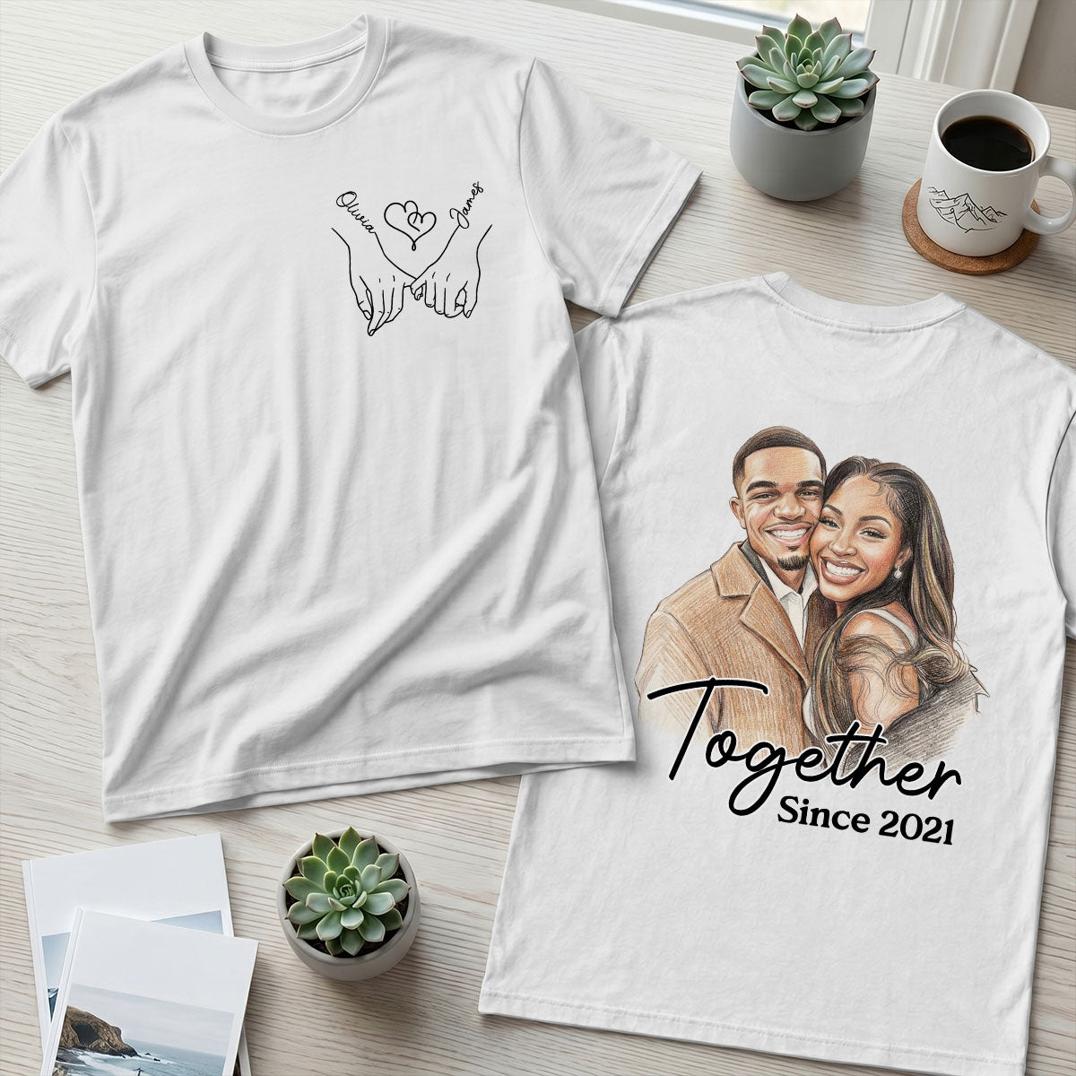 Custom Photo Colored Pencil Sketch Portrait Together Since Forever - Personalized T-shirt With Front Back Design