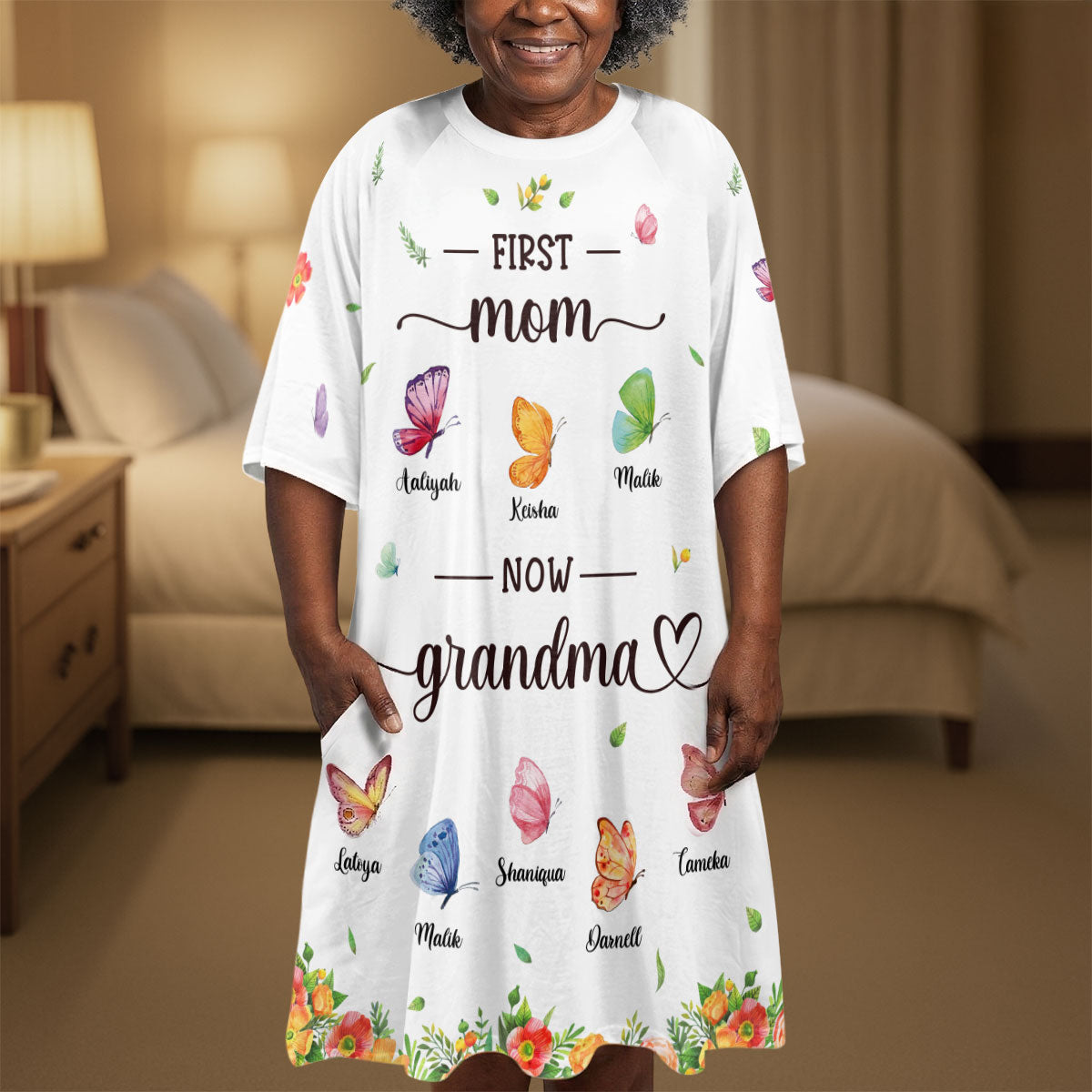 First Mom Now Grandma Butterfly Version - Personalized Sleep Tee
