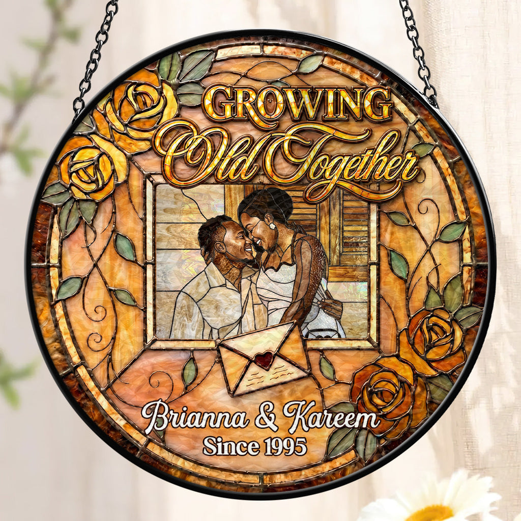 Growing Old Together Forever - Personalized Stained Glass Window Hanging Suncatcher
