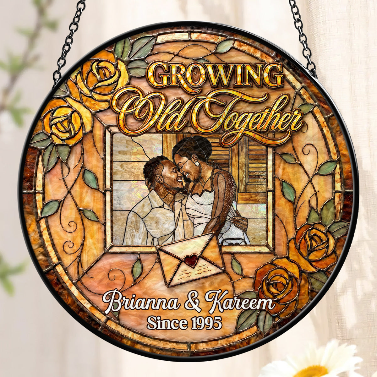Growing Old Together Forever - Personalized Stained Glass Window Hanging Suncatcher