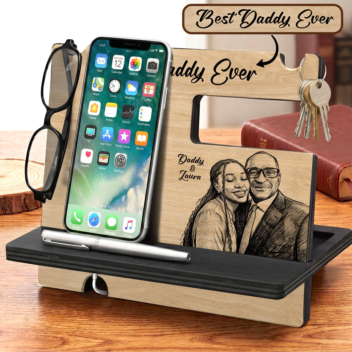 Custom Photo Pencil Sketch Best Dad Ever - Personalized Phone Docking Station