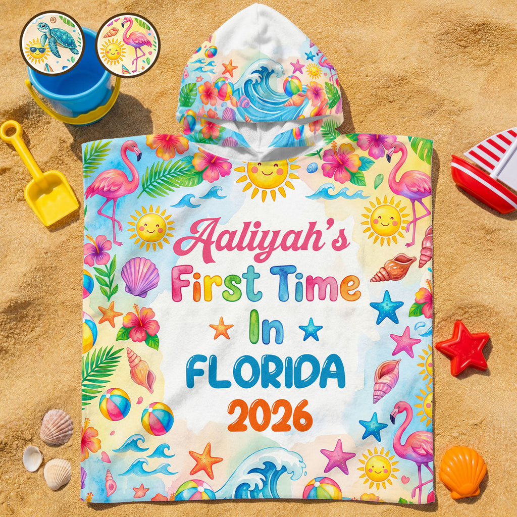 First Time On Holiday - Personalized Kids Hooded Beach Towel