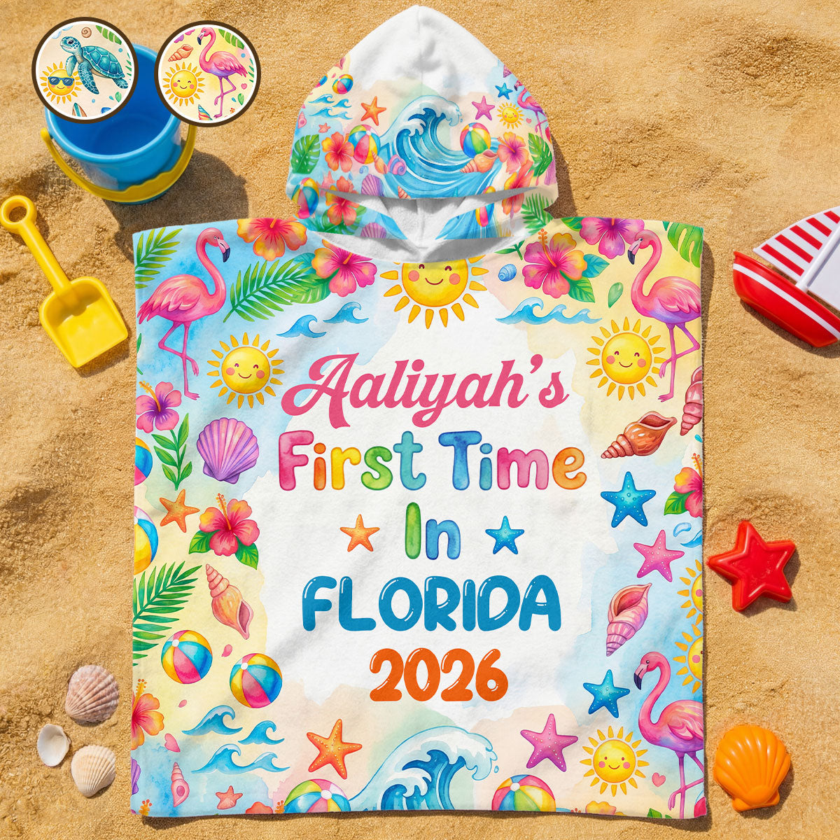 First Time On Holiday - Personalized Kids Hooded Beach Towel