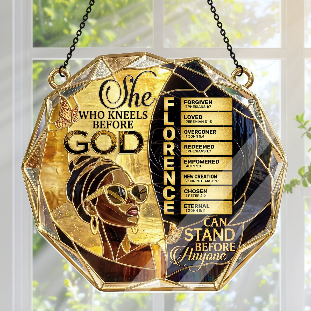She Who Kneels Before God Can Stand Before Anyone - Personalized Acrylic Suncatcher