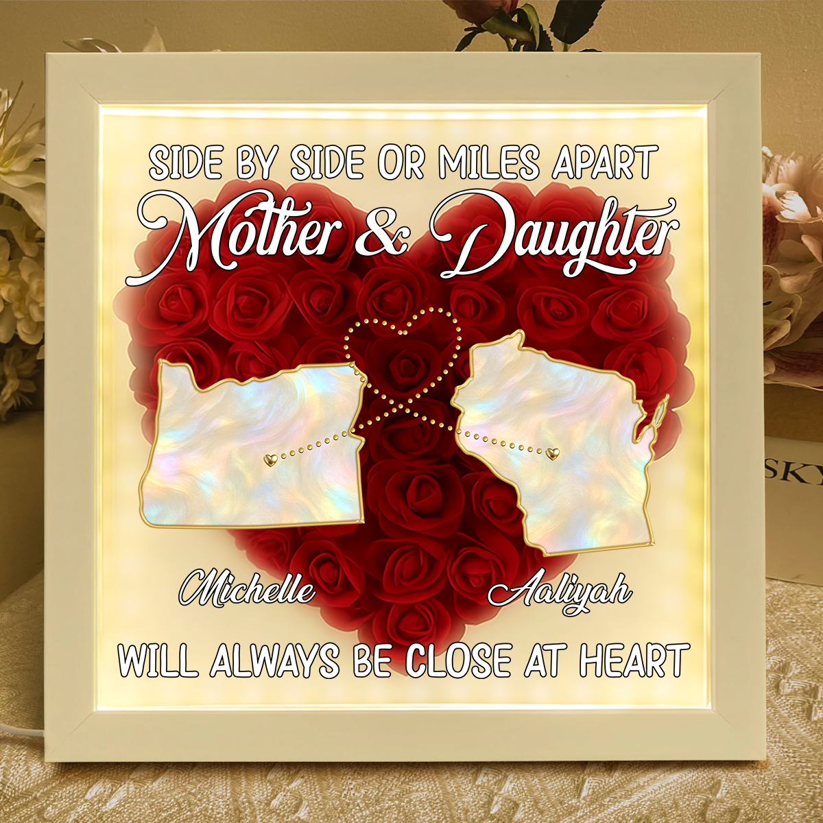 Mother And Daughter Will Always Be Close At Heart - Personalized Heart Flower Shadow Box