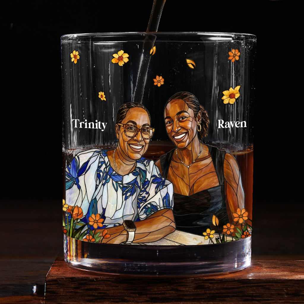 Custom Photo Stained Glass Portrait Mom Grandma Parents Family - Personalized Round Whiskey Glass