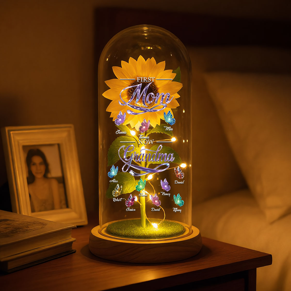 First Mom Now Grandma Butterflies - Personalized Sunflower Dome Lamp