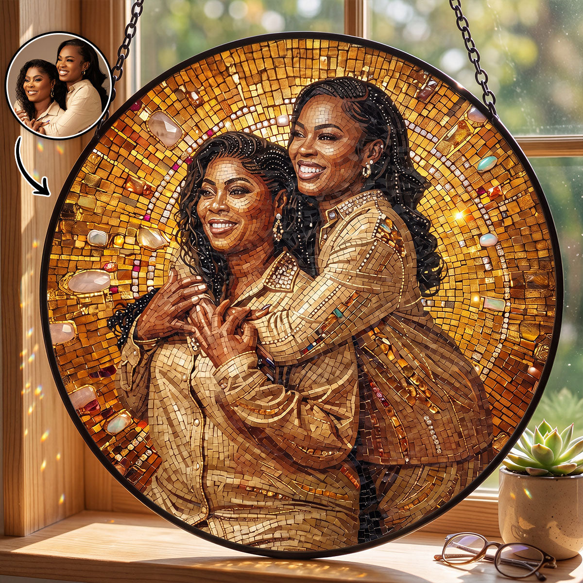 Custom Photo Portrait Premium Mosaic Mom Grandma Parents Family - Personalized Stained Glass Window Hanging Suncatcher