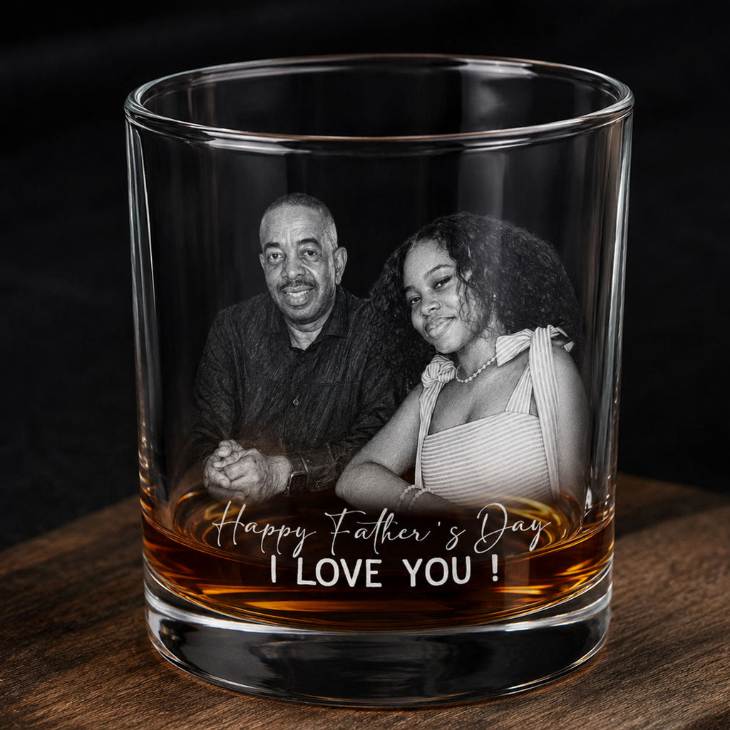 Custom Photo Pencil Sketch Best Dad Ever - Personalized Round Whiskey Glass