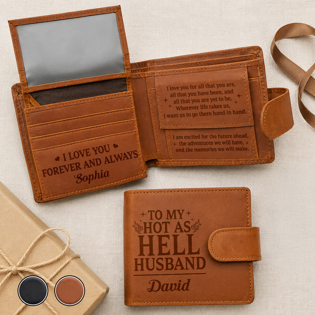 To My Hot-As-Hell Husband - Personalized Men's Engraved Leather Wallet