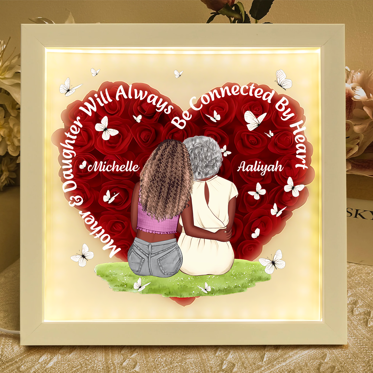 Mother And Daughter Will Always Be Connected By Heart - Personalized Heart Flower Shadow Box