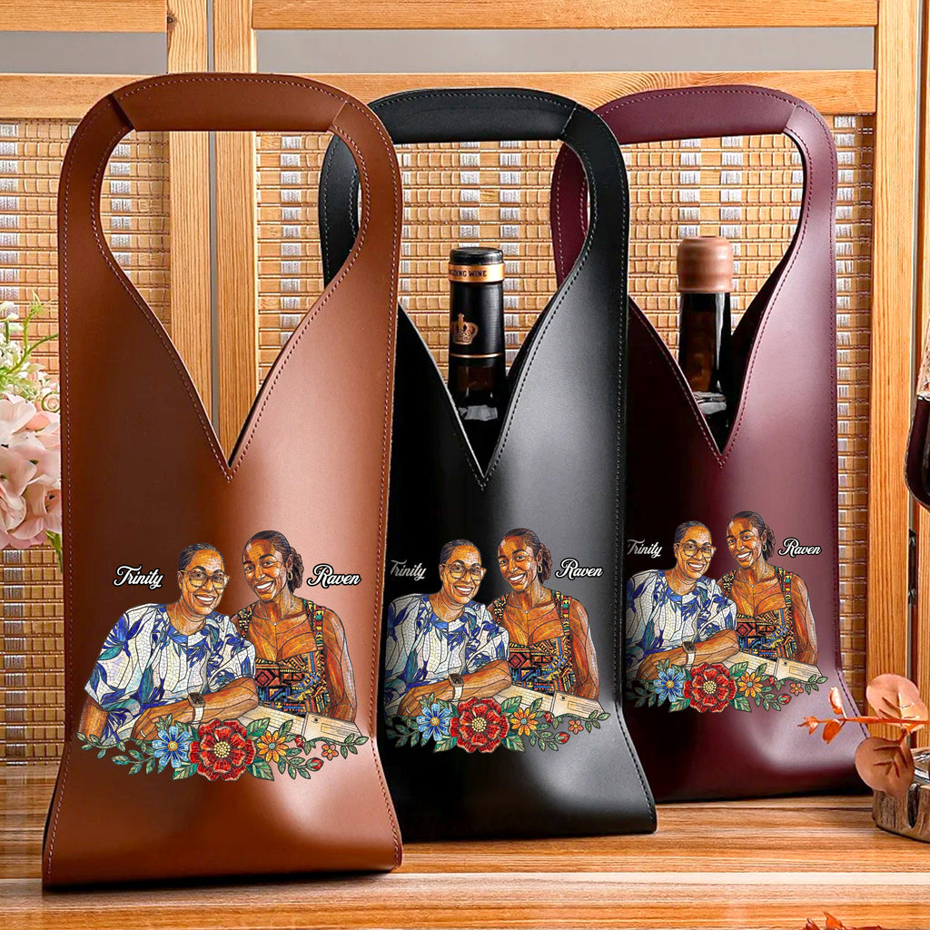 Custom Photo Stained Glass Portrait Mom Grandma Parents Family - Personalized Leather Wine Bag