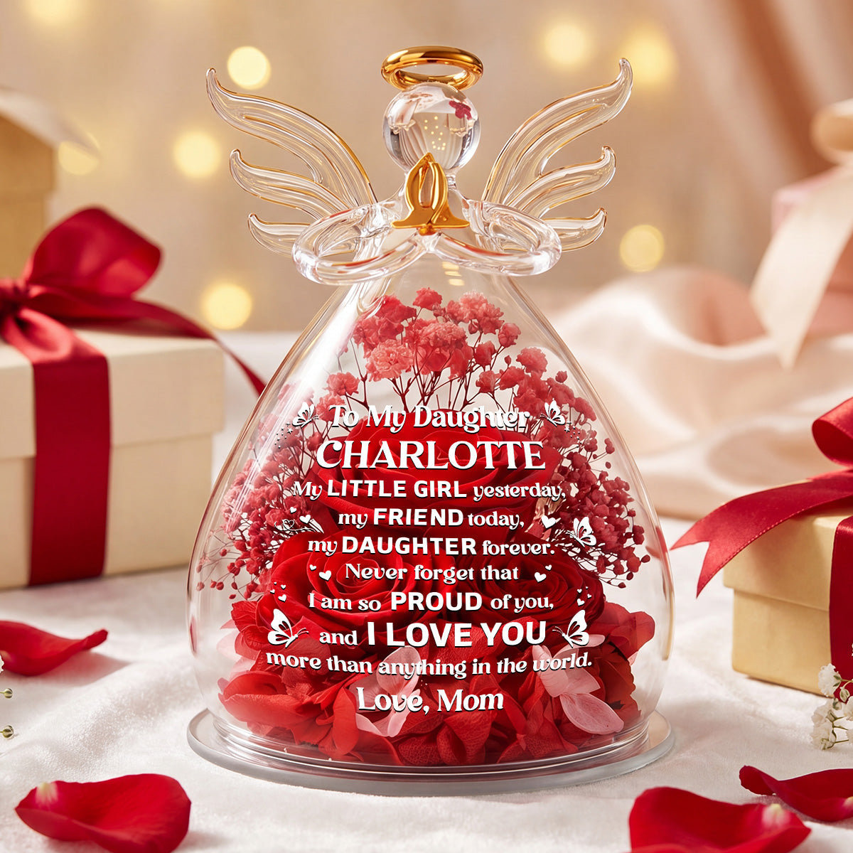 I Love You More Than Anything In The World - Personalized Angel Dome With Preserved Flowers