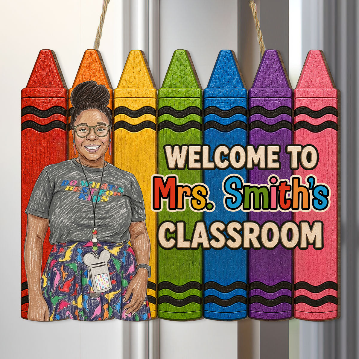 Custom Photo Crayon Sketch Welcome To My Classroom - Personalized Wooden Door Sign