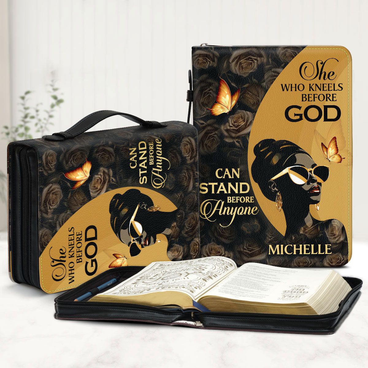She Who Kneels Before God Can Stand Before Anyone - Personalized Bible Cover