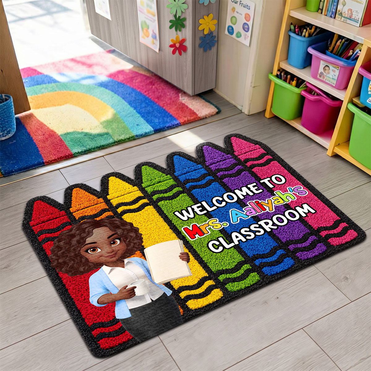 Colorful Crayons Teacher Welcome To Classroom - Personalized Custom Shape Doormat