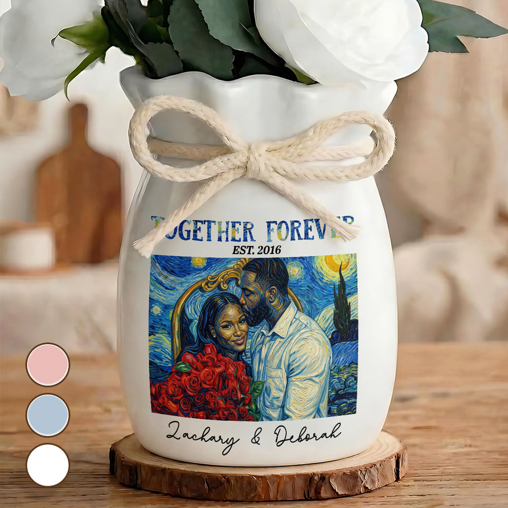 Custom Photo Van Gogh Art Forever And Always - Personalized Flower Vase With Ribbon