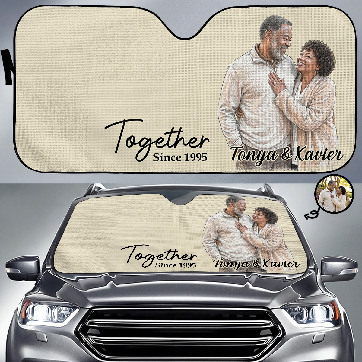 Custom Photo Colored Pencil Sketch Portrait Together Since Forever - Personalized Auto Sunshade
