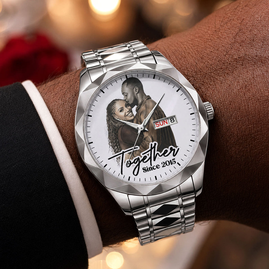 Custom Photo Husband Wife Couple Anniversary Gift Together Forever - Personalized Men's Wrist Watch
