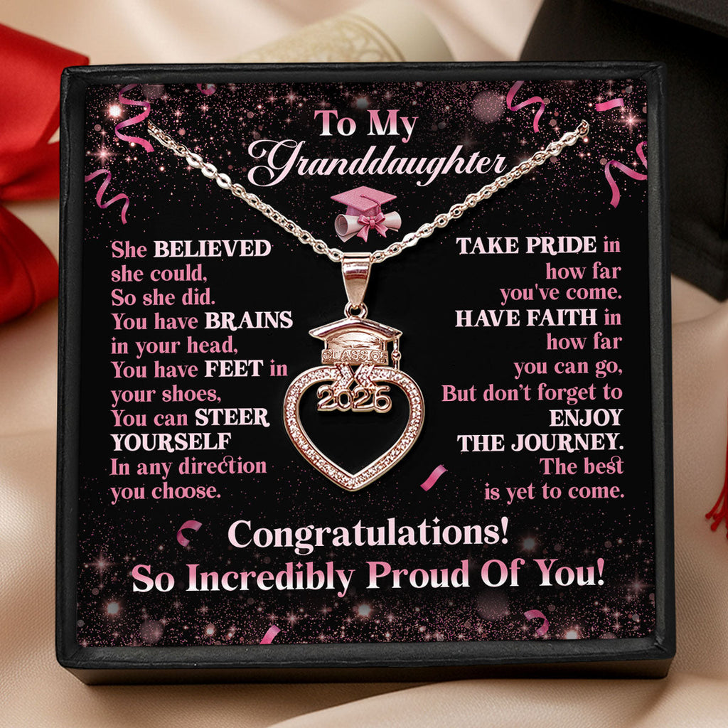 Believe, Achieve, Enjoy The Journey - Personalized Grad Cap Heart Necklace With Box & Card 2026