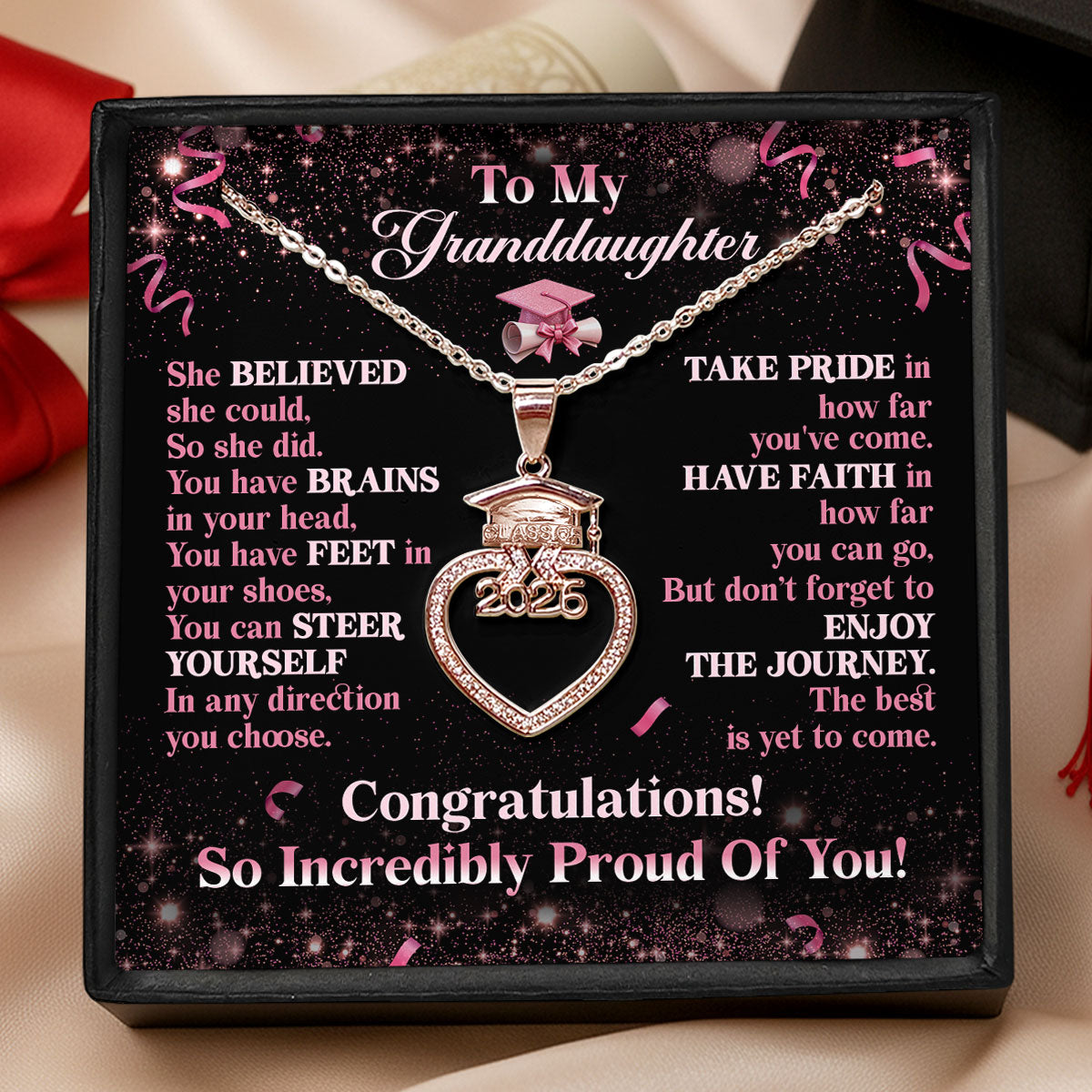 Believe, Achieve, Enjoy The Journey - Personalized Grad Cap Heart Necklace With Box & Card 2026
